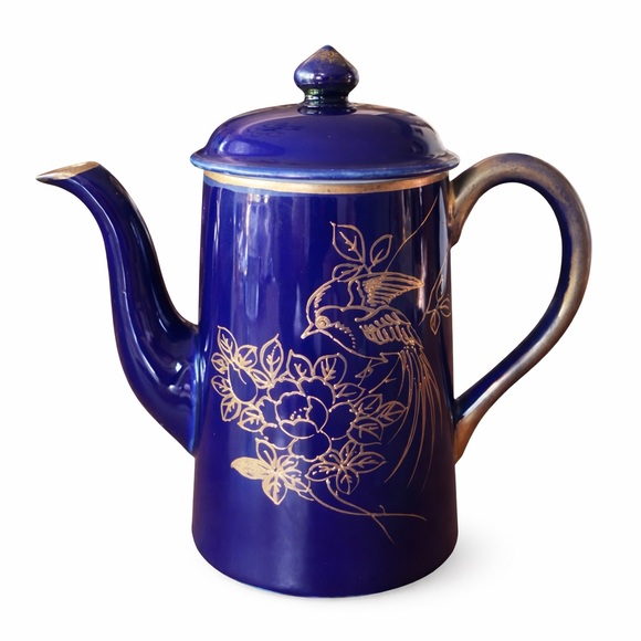 Chikaramachi Noritake Cobalt Blue Gold Bird Coffee Pot Cup Saucer Japan Vtg 40s - Picture 2 of 10